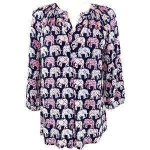 Crown & Ivy size S navy & pink elephant print 3/4 sleeve V-neck pullover blouse
